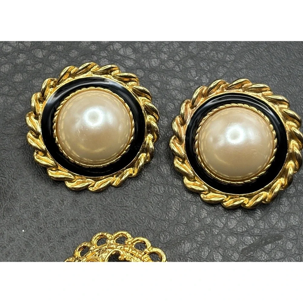 Vintage Park Lane Lot 3 Pairs Clip-On Earrings Black Enamel Pearl Rhinestone